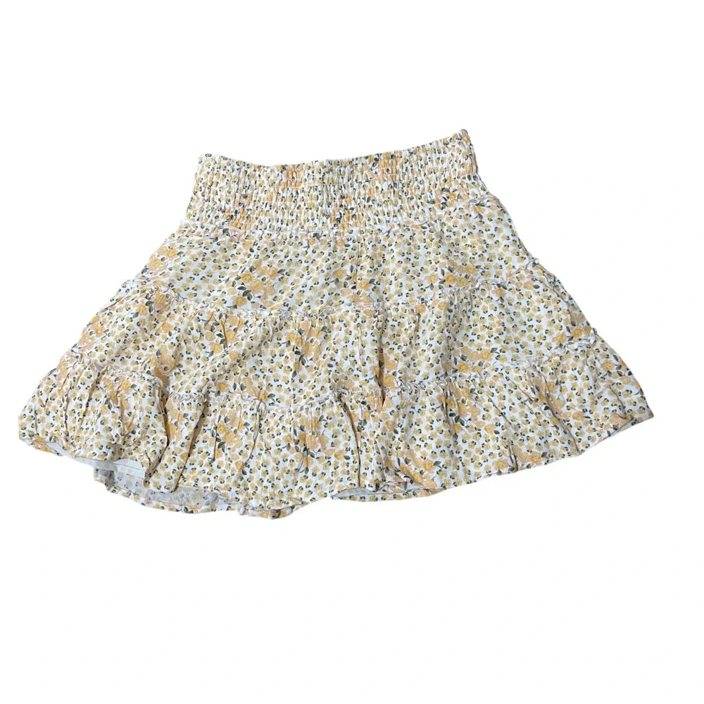 American Eagle Outfitters Floral Smocked Tiered Mini Skirt Yellow White XS‎